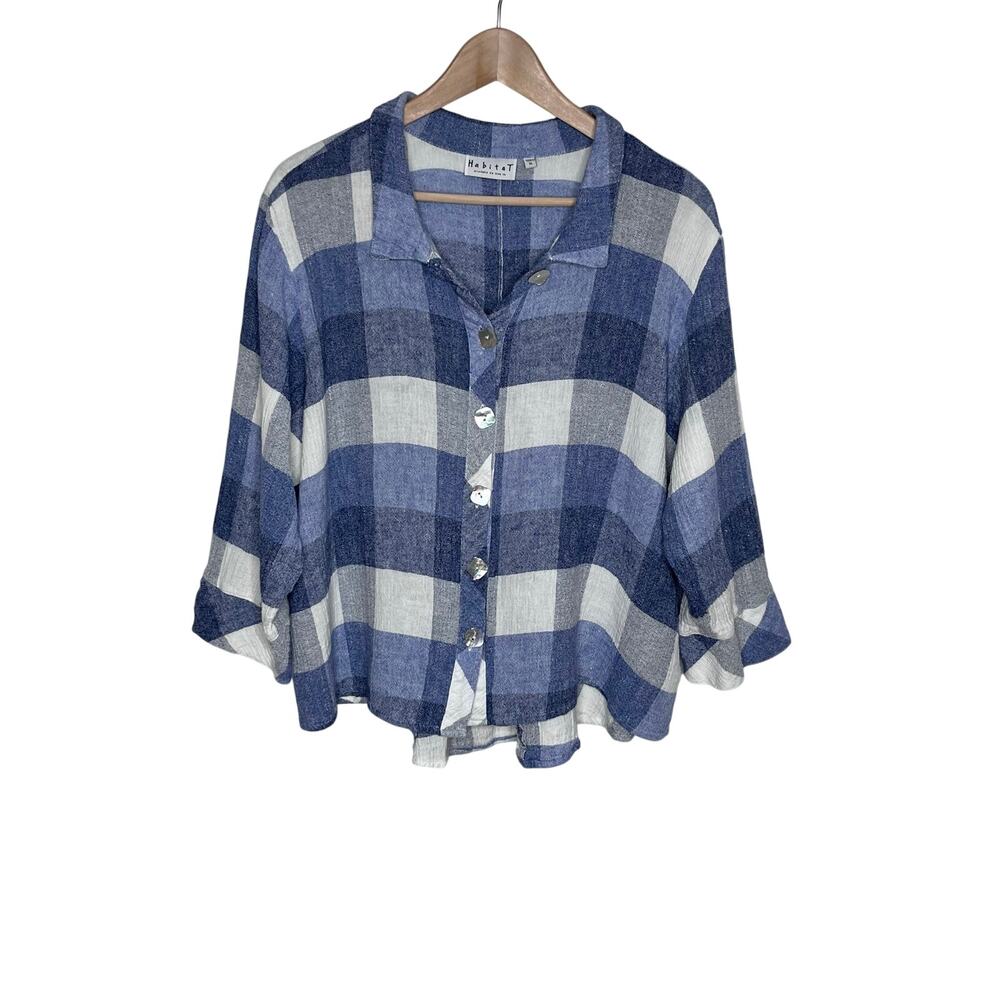 Habitat Clothes to Live In Blue Plaid Linen Blend Shirt XL Oversized Coastal